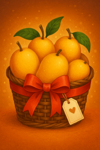 Basket of mangoes with ribbon and gift tag